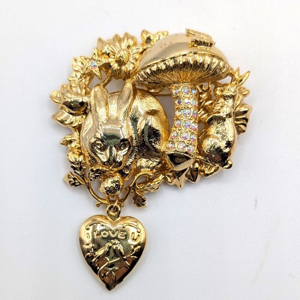 Vintage Signed Kirk's Folly Gold Tone Rabbit & Mushroom Rhinestone Brooch Pin